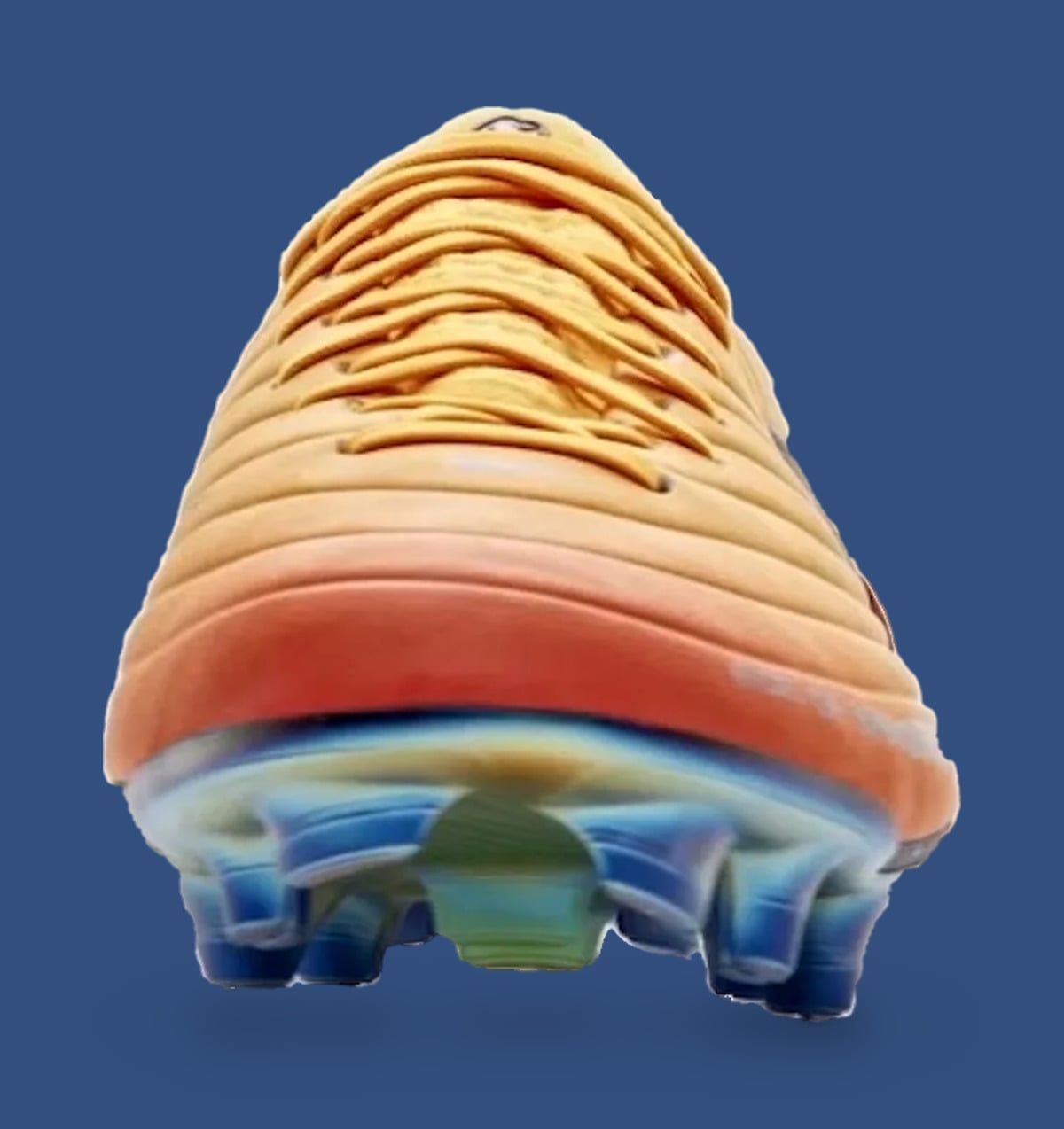 Toe-on view of ribbed orange-yellow boot upper with laces and blue studs on dark blue backdrop, Sundial