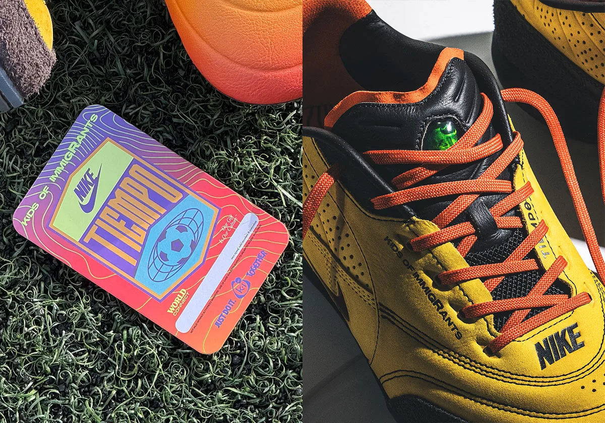 Split view: Tiempo card on turf next to yellow suede upper with orange laces and green gem, Amarillo