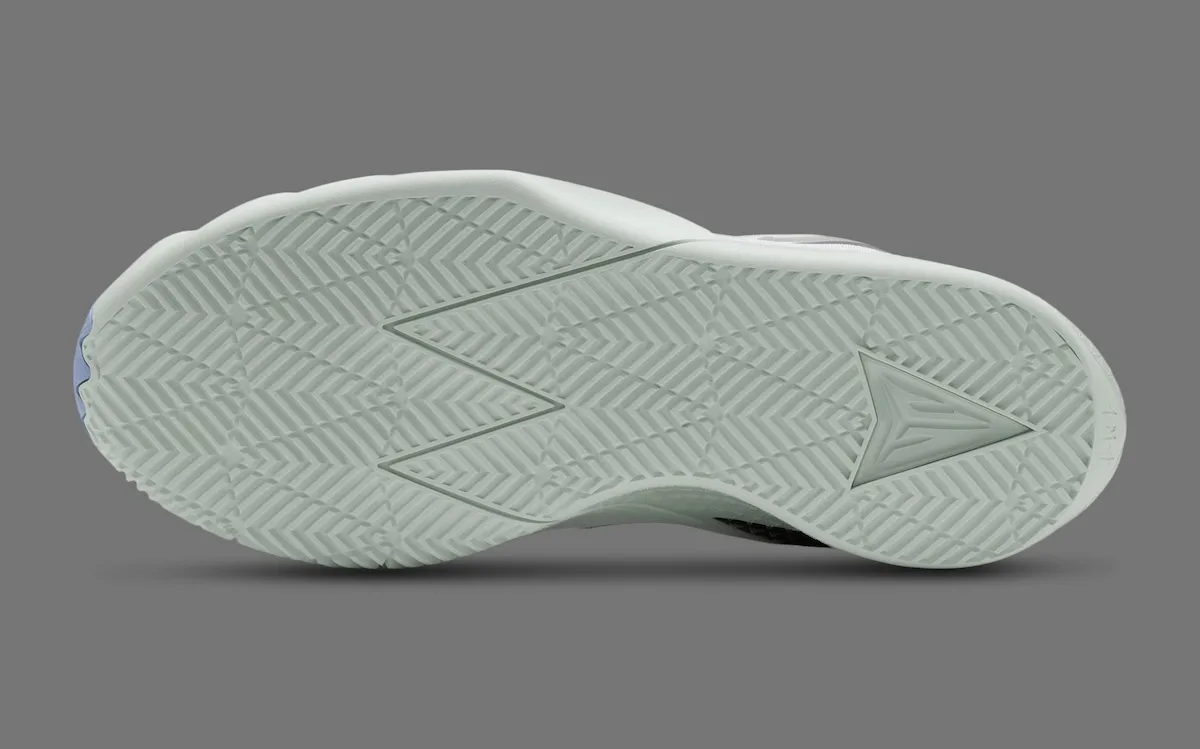 outsole view, mint green herringbone tread with arrow logo at forefoot, White