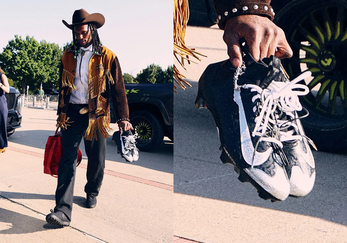 Split view: man in cowboy hat and fringed suede jacket carrying cleats, plus in-hand close-up, Bode x Nike Vapor Pro 1