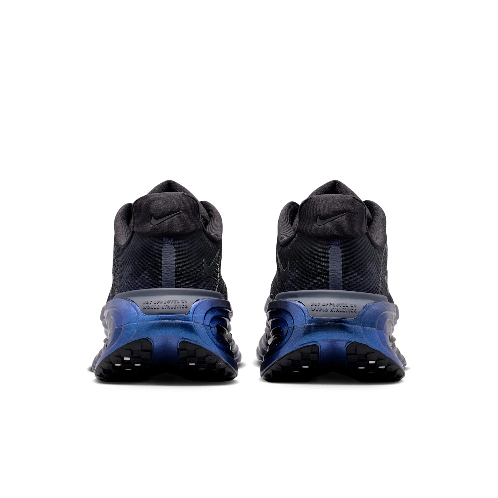 Heel view of a pair, black uppers with small swoosh and blue midsoles with World Athletics text, Gridiron