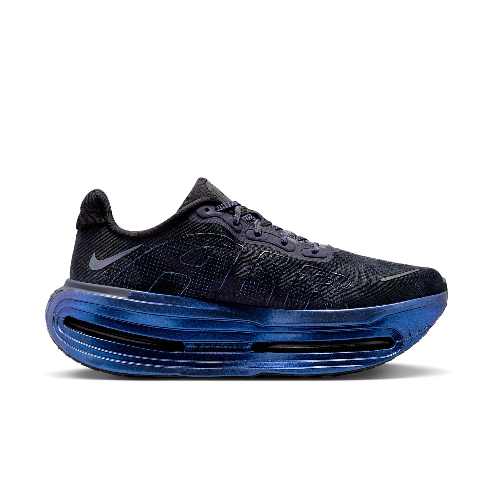 Lateral view of a black shoe with large AIR lettering and a glossy metallic blue chunky midsole, Gridiron