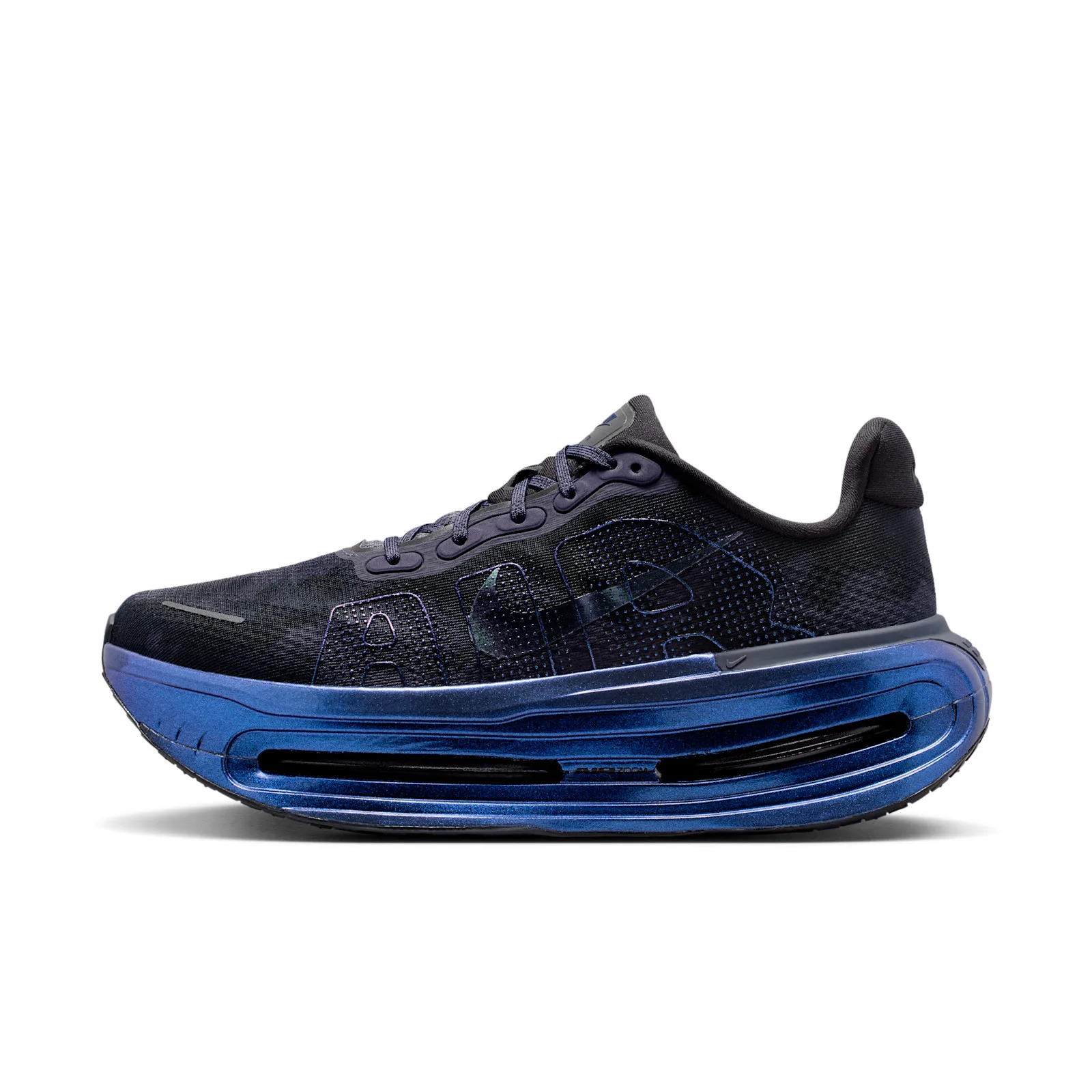 Medial view with large AIR lettering on a black upper and glossy blue midsole with black window cutouts, Gridiron