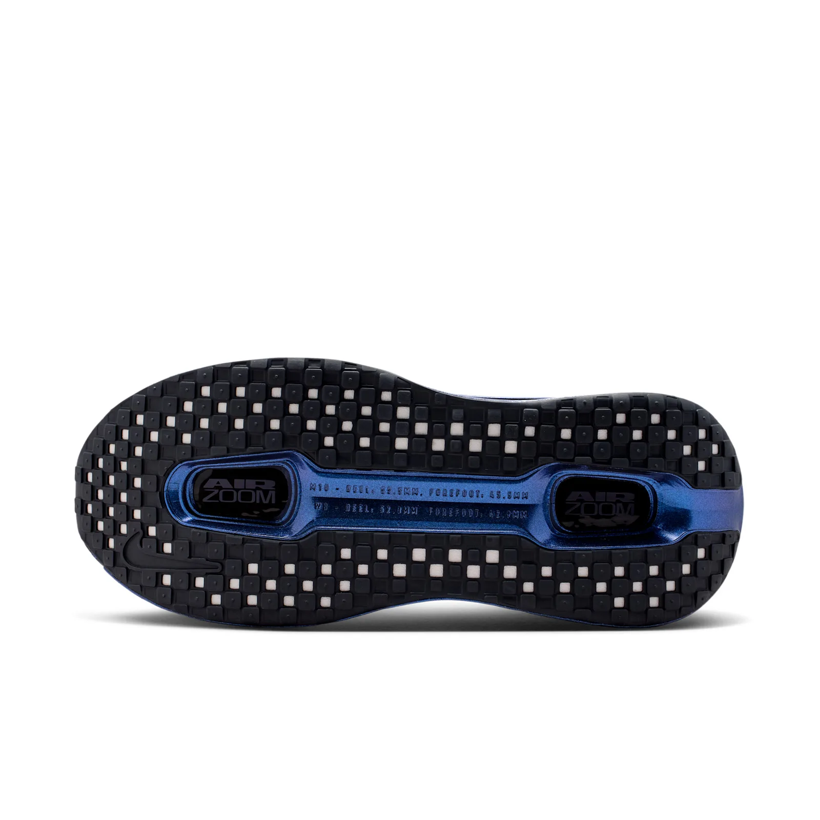 Outsole view with black square tread pattern and a blue midsole plate with two Air Zoom windows, Gridiron