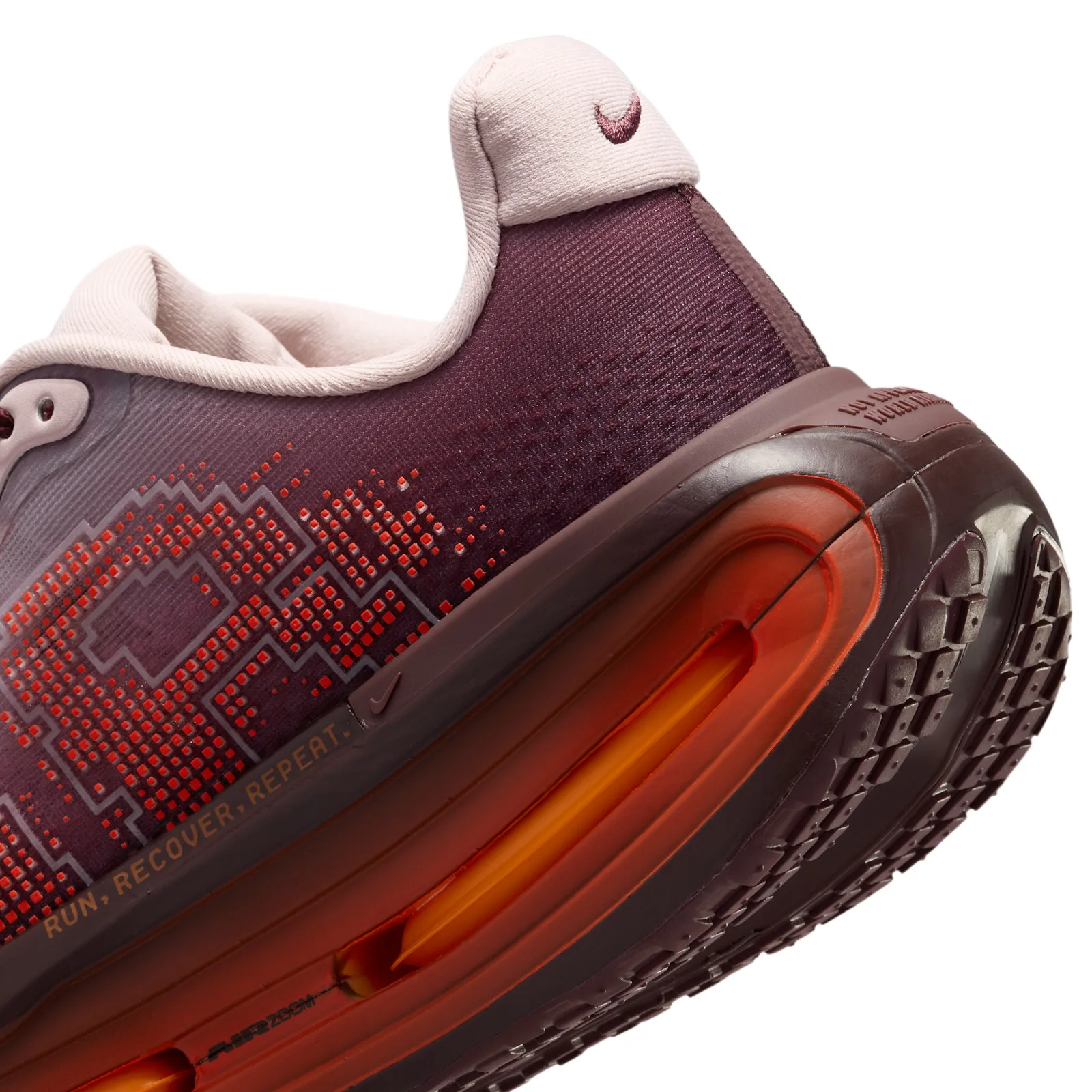 Heel detail, pink collar with swoosh, orange Air unit, RUN.RECOVER.REPEAT text, Shanghai