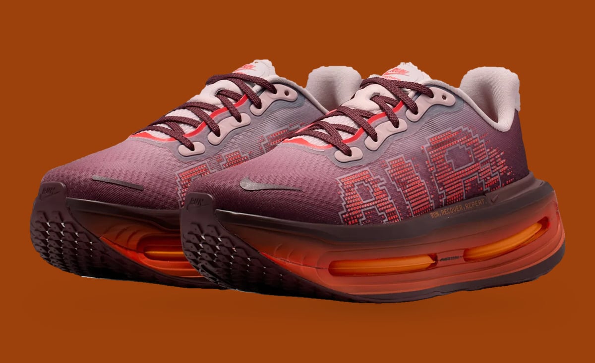Pair, three-quarter view, burgundy uppers with pixel AIR print, orange midsole, Shanghai