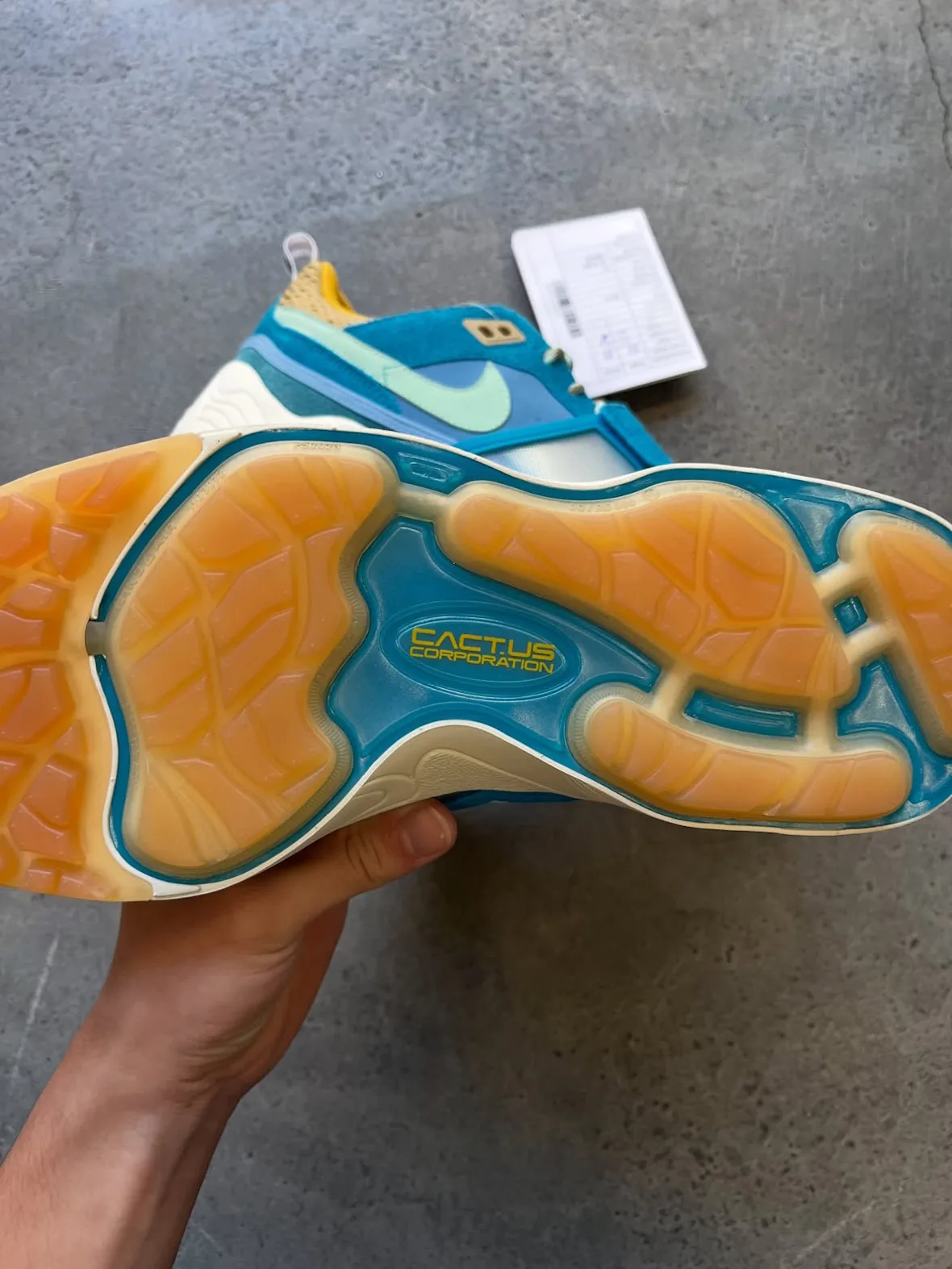 Outsole in hand: translucent amber gum tread with blue rim, Cactus Corporation logo, Blue