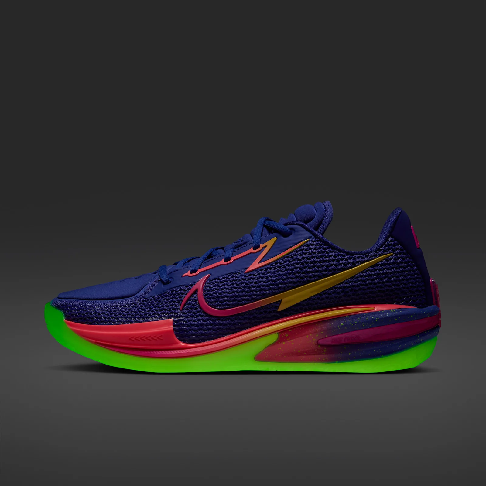 Lateral view on dark grey, glowing neon green sole, red-pink midsole, blue mesh upper, Purple Comet