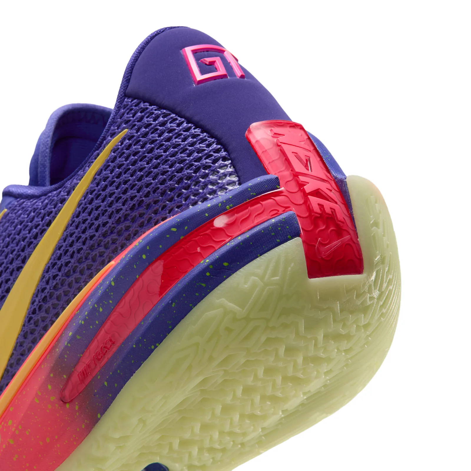 Heel detail, pink GT on blue tab, red NIKE clip, green speckles, lime tread, Purple Comet