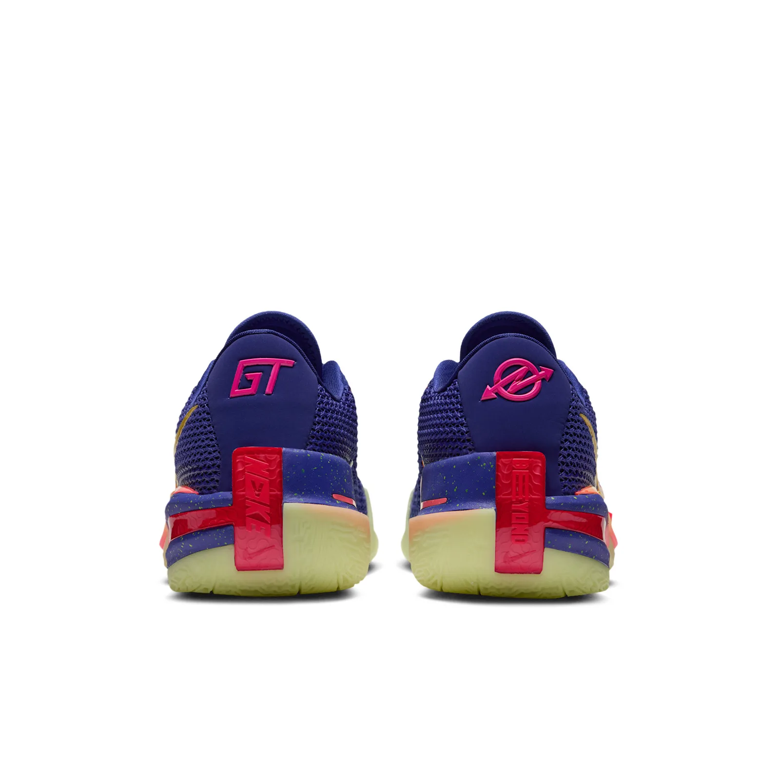 Heel view of pair, pink GT and logo on blue tabs, red NIKE and BEYOND heel clips, Purple Comet