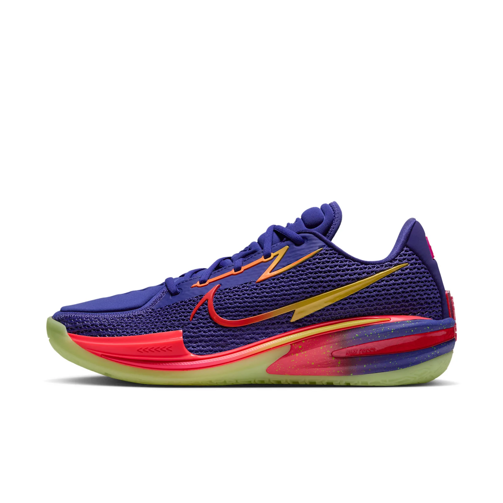 Lateral view on white, blue mesh upper, red swoosh, yellow lightning bolt, pale lime sole, Purple Comet