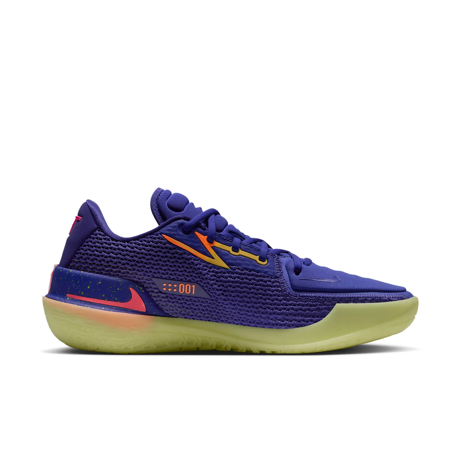 Medial view on white, blue mesh with orange ':::001' text, pale lime sole, red swoosh, Purple Comet