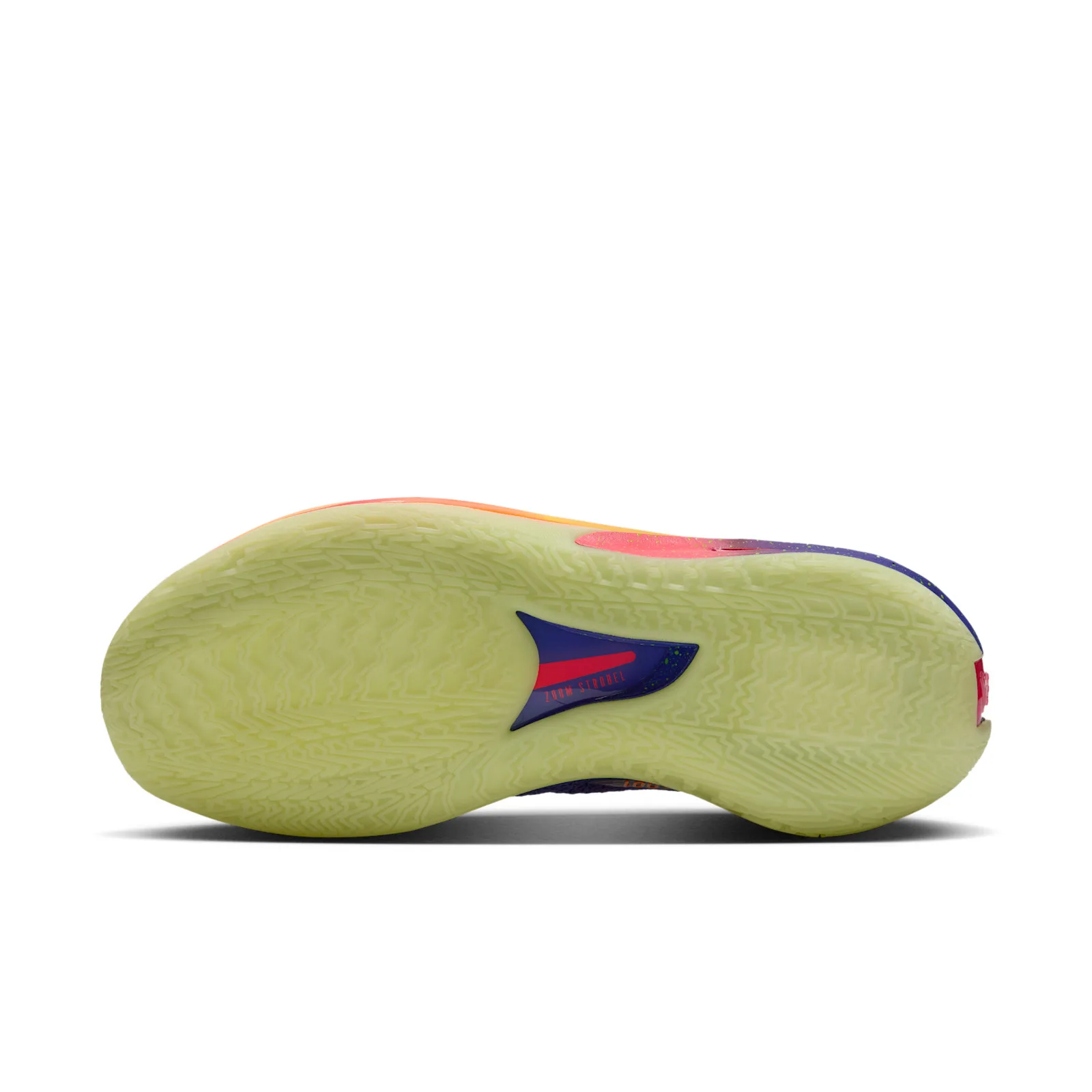 Outsole view, pale lime zigzag tread, blue and red pod with ZOOM STROBEL text, Purple Comet