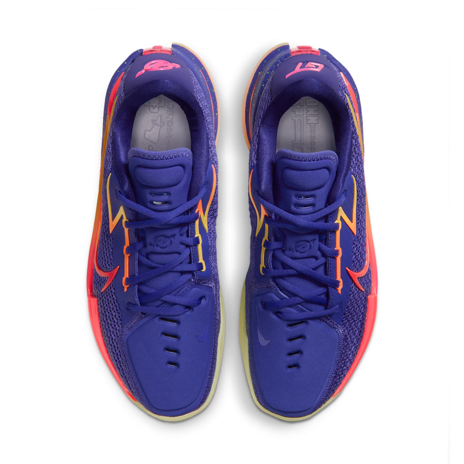 Top-down view of pair, blue laces, orange and yellow bolt accents, pink heel logos, Purple Comet