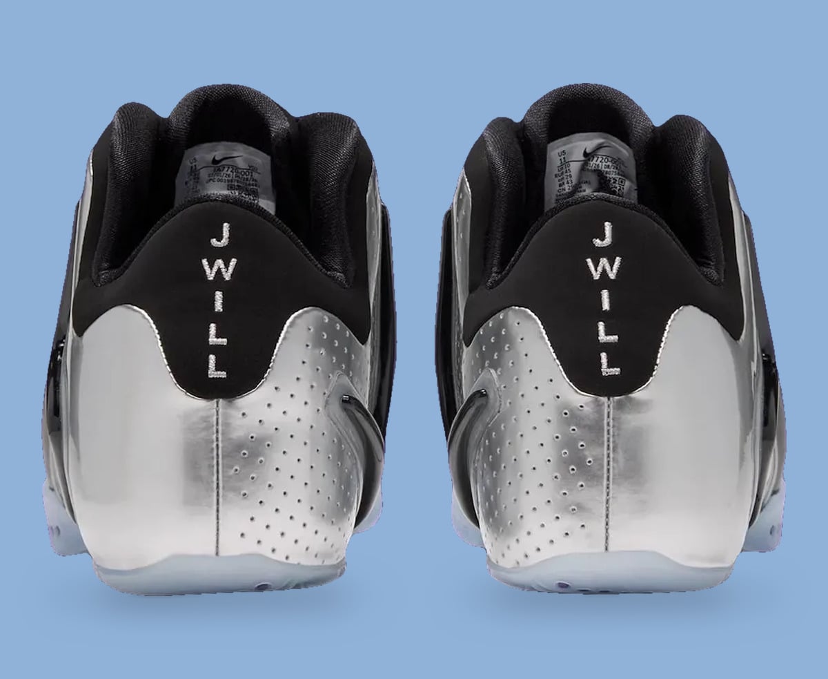 Heel view of pair, black collar with vertical JWILL text on silver heels, Platinum