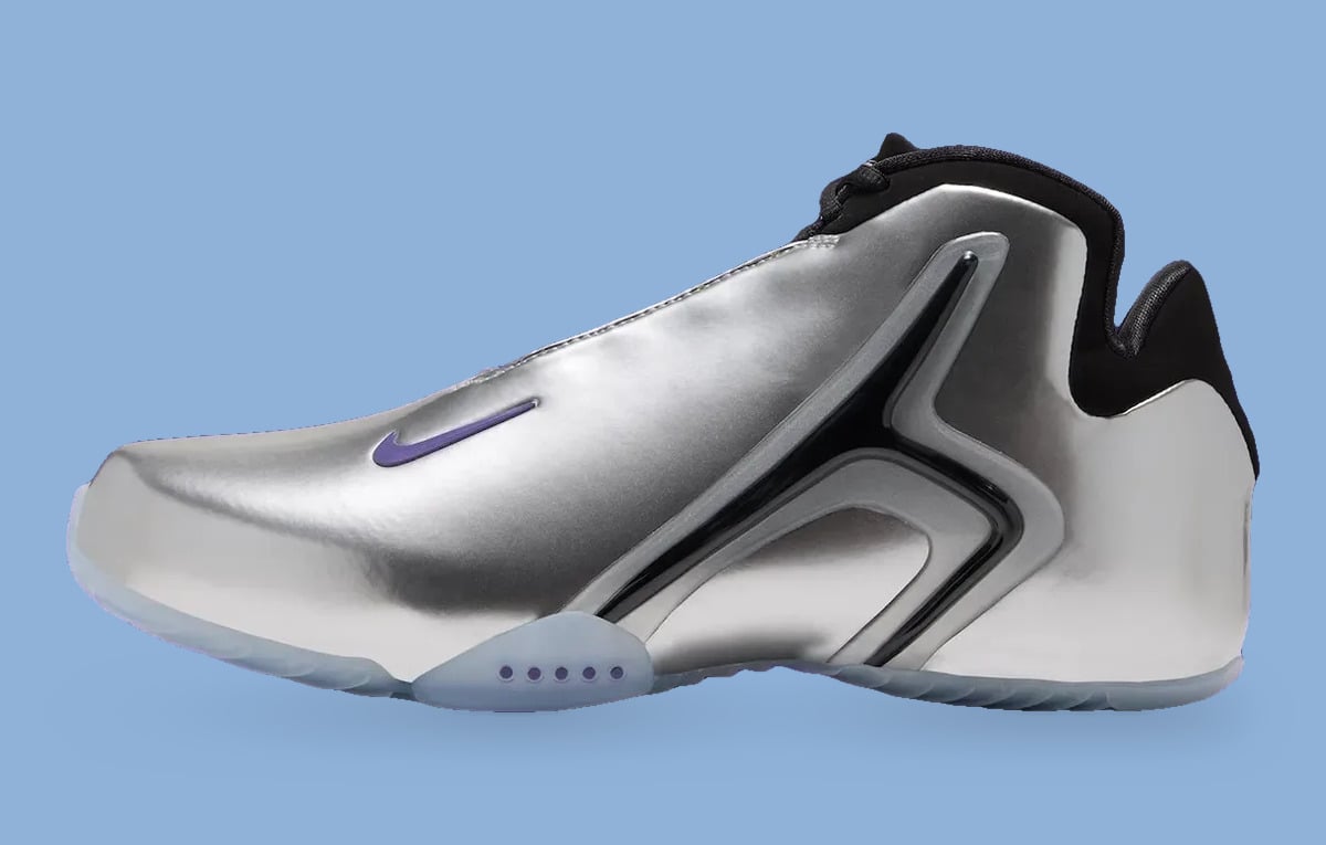 Lateral view, chrome silver upper with purple swoosh and icy translucent sole, Platinum