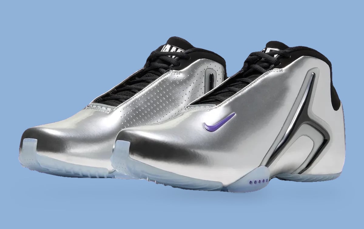Pair from the front, mirror-silver panels, black laces and purple swooshes, Platinum