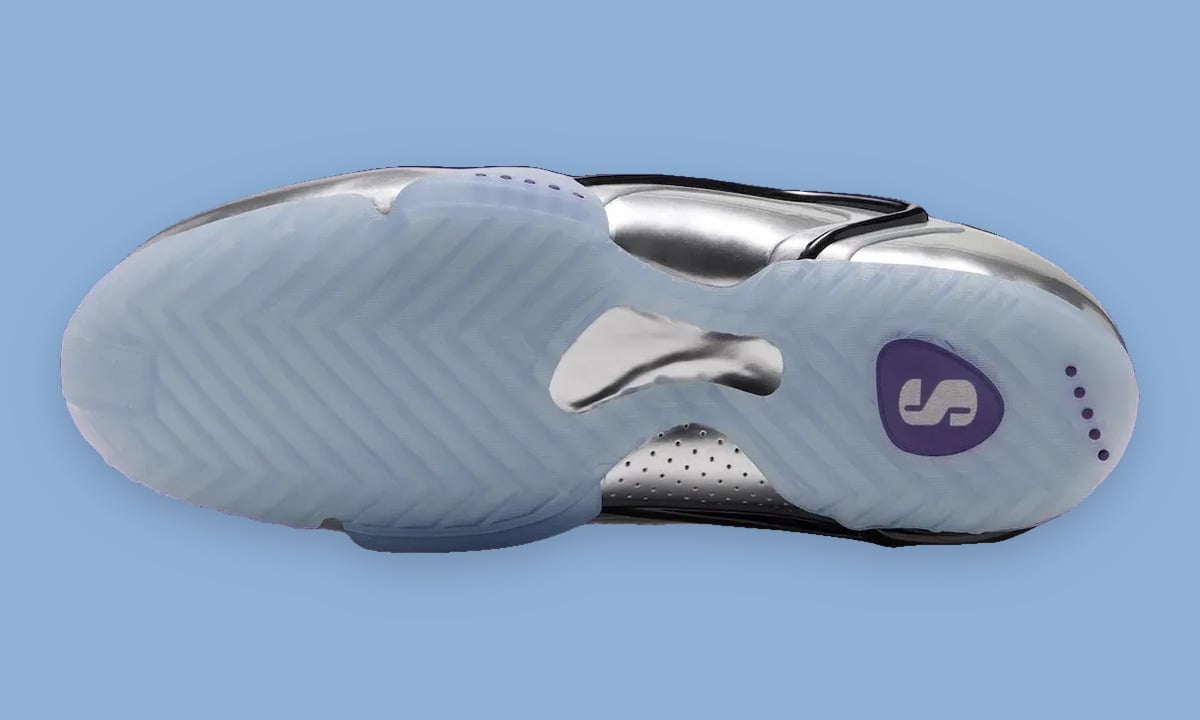 Outsole view, icy translucent chevron tread with purple S logo, Platinum