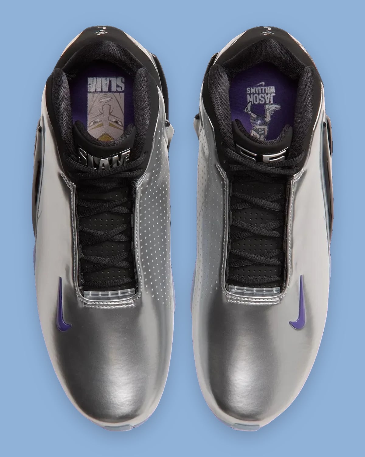 Top-down pair, silver toes, purple swooshes, SLAM and Jason Williams insoles, Platinum