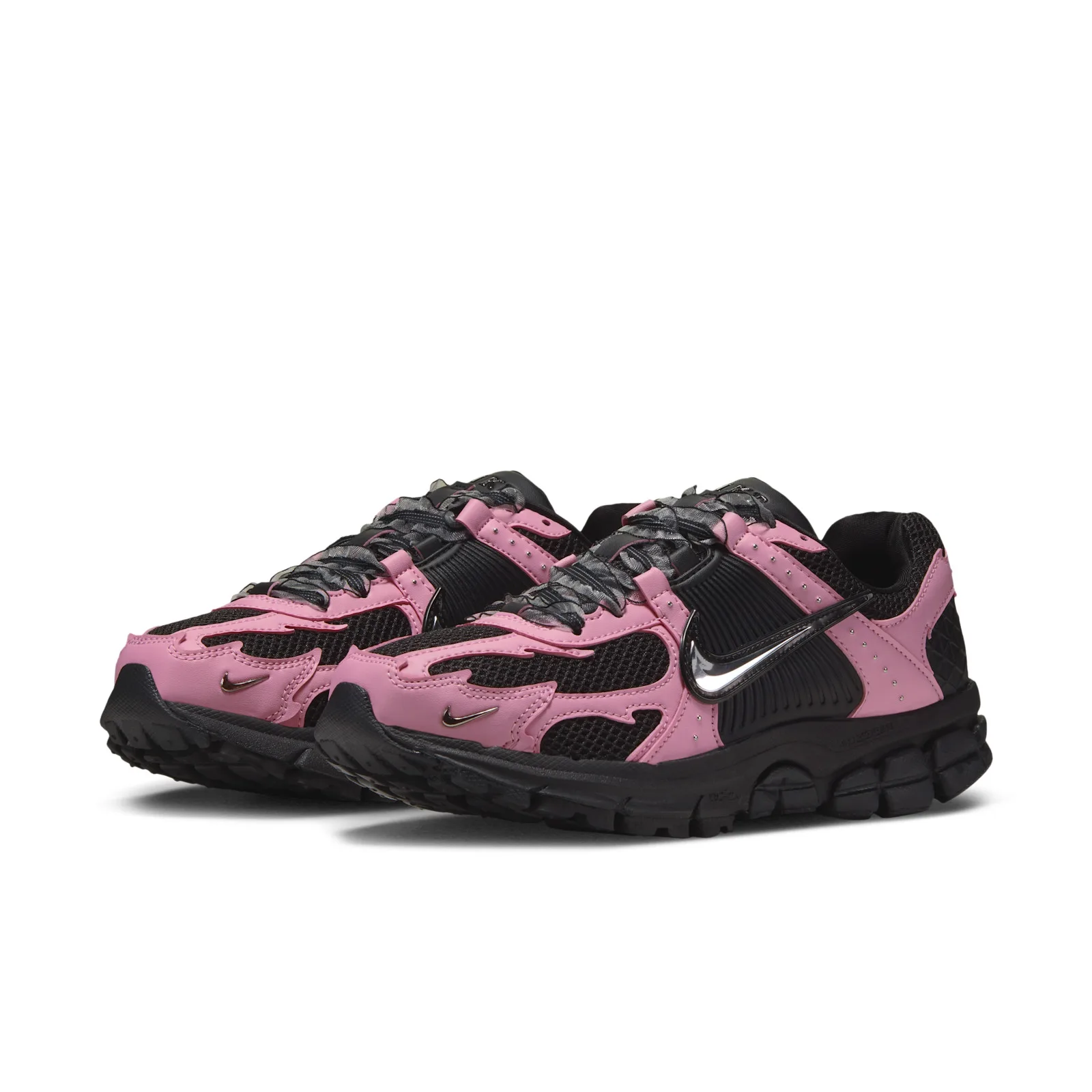 Pair at a front angle with pink overlays and metallic Swooshes, Black/Pink