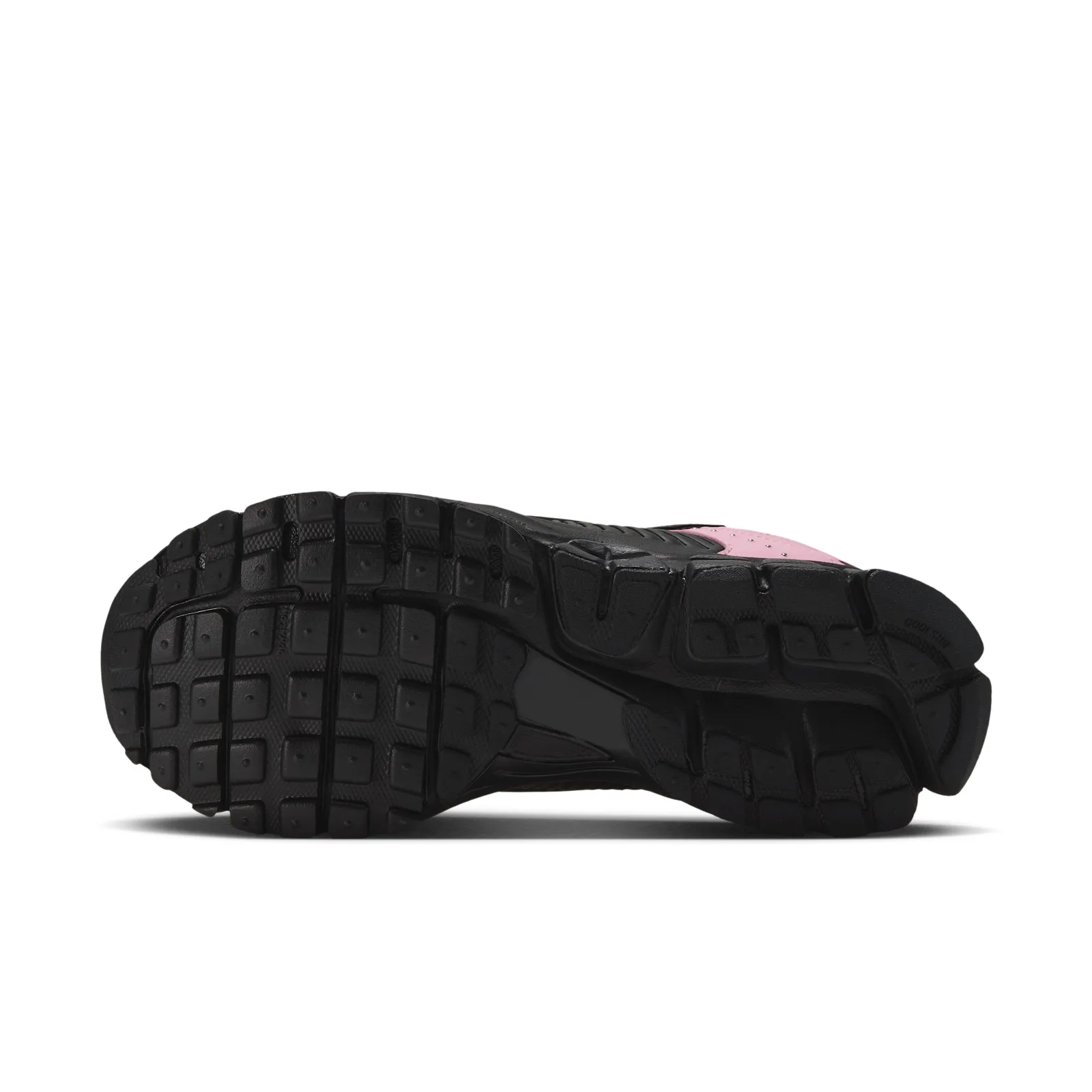 Outsole view with black segmented tread and deep flex grooves, Black/Pink