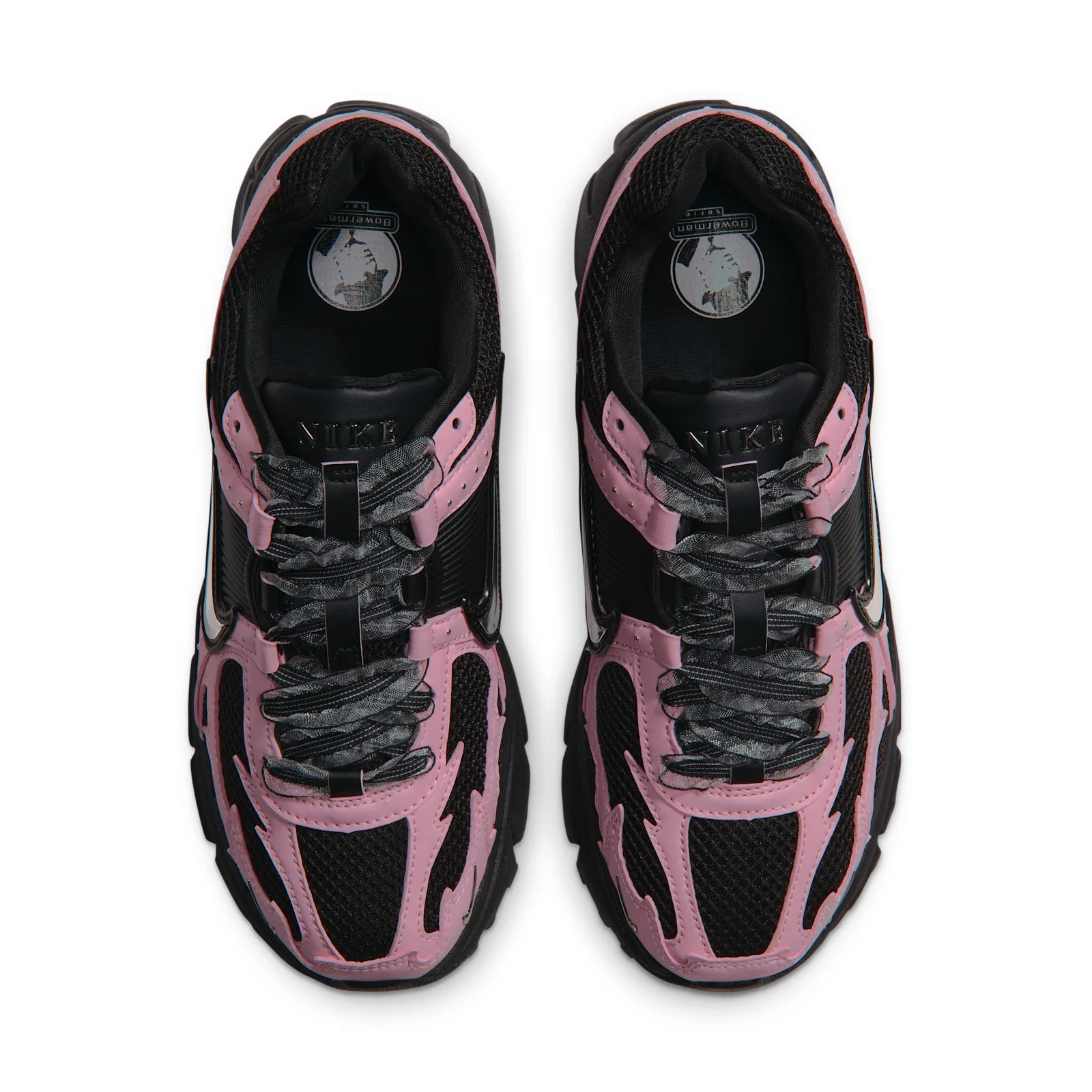 Top-down pair with patterned black laces and pink overlays, Black/Pink