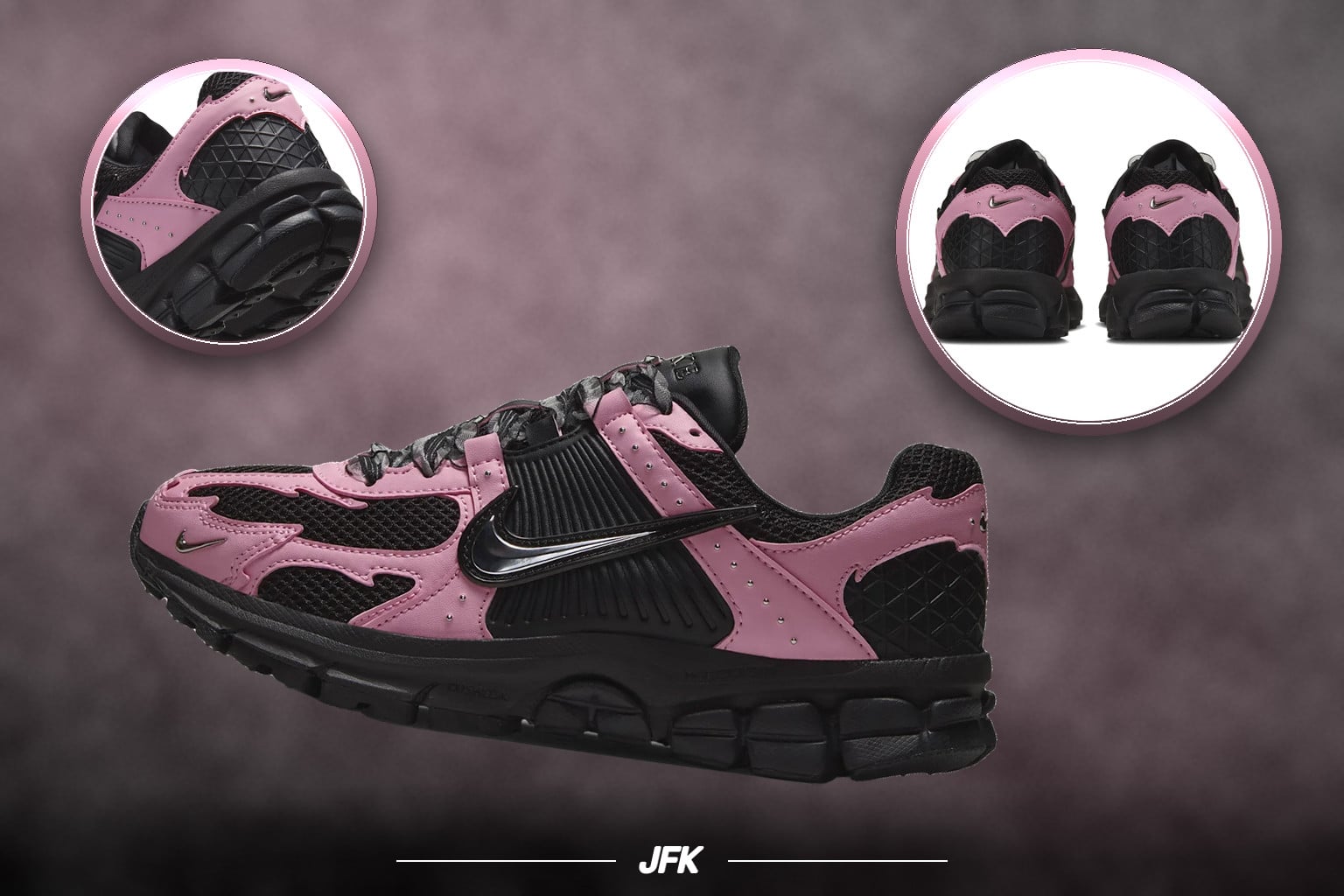 Lateral collage with pink overlays, black mesh and circular heel details, Nike Zoom Vomero 5 “Black/Pink”