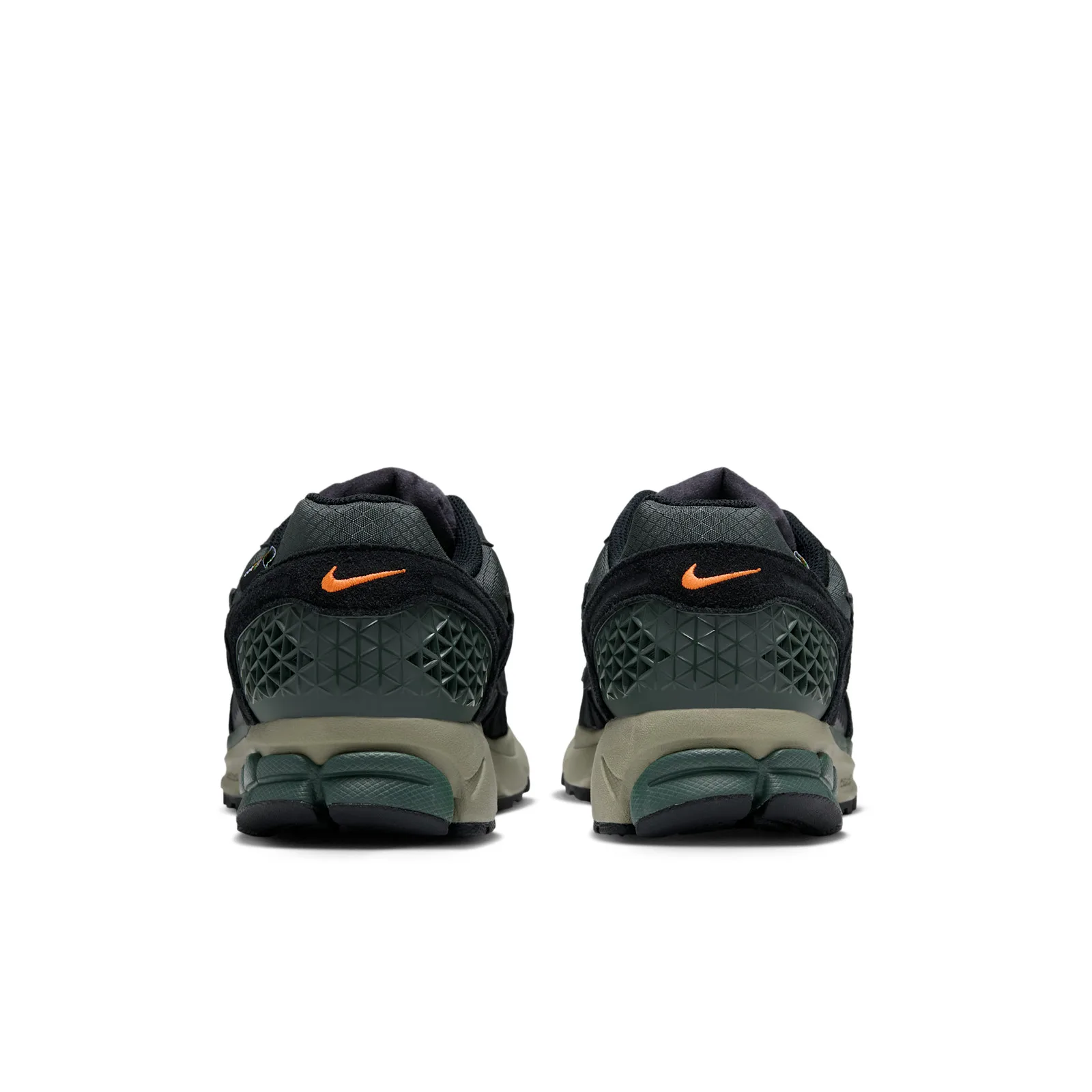 Heel view of pair with orange Swooshes and dark green geometric cages, Camo Green