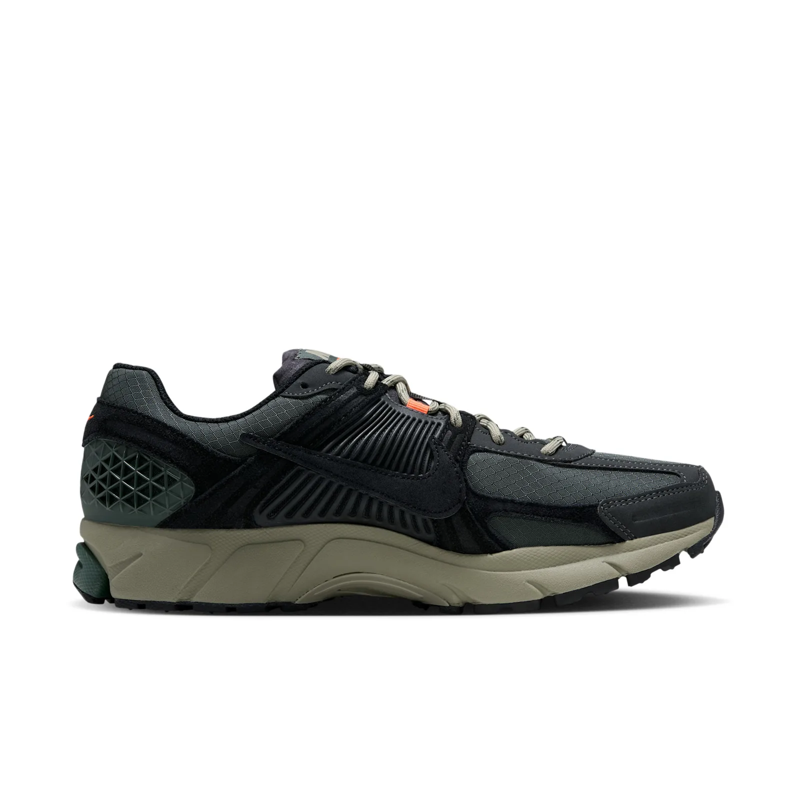 Medial view with a black Swoosh, ribbed side cage and olive midsole, Camo Green