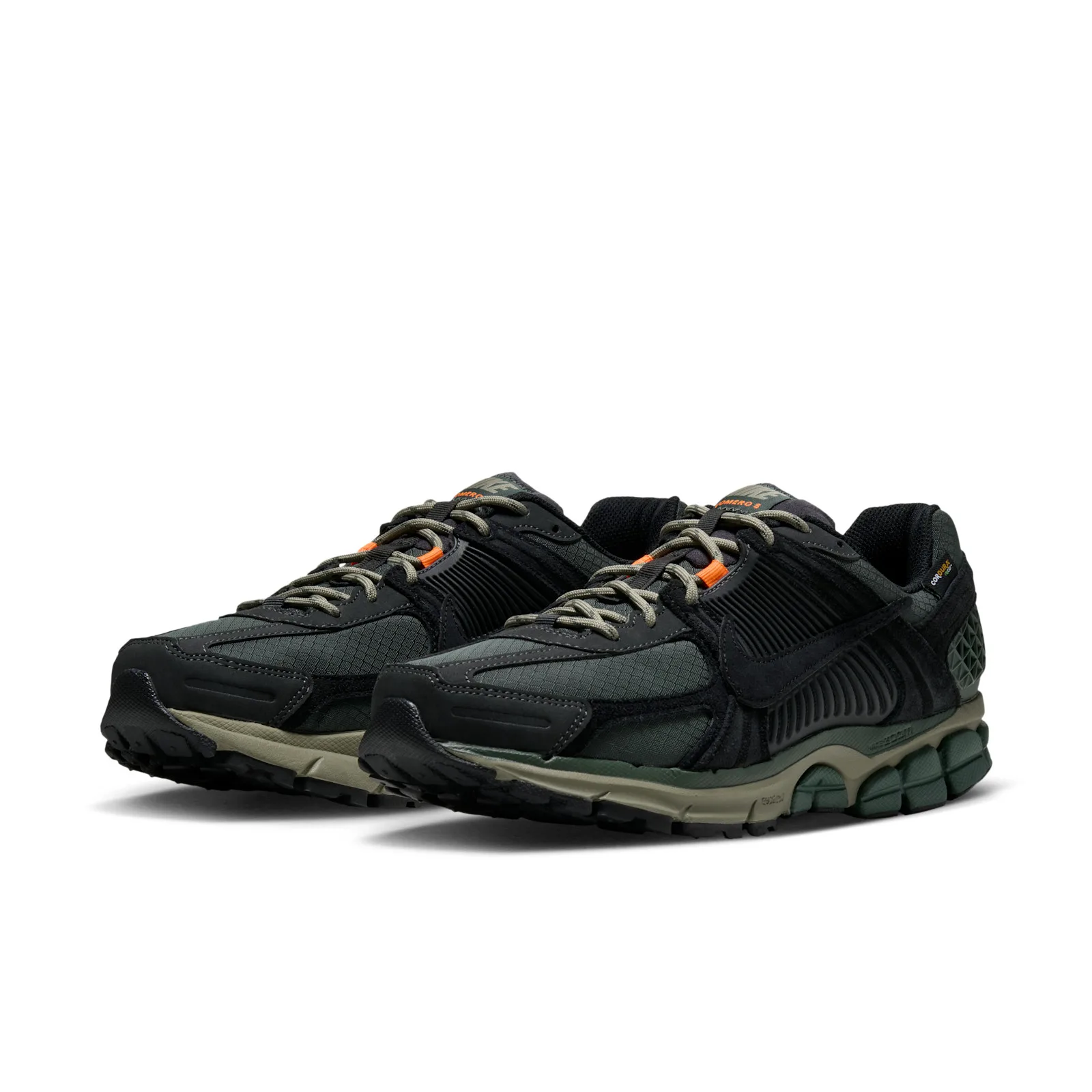 Angled pair with dark green uppers, olive laces and orange lace loops, Camo Green