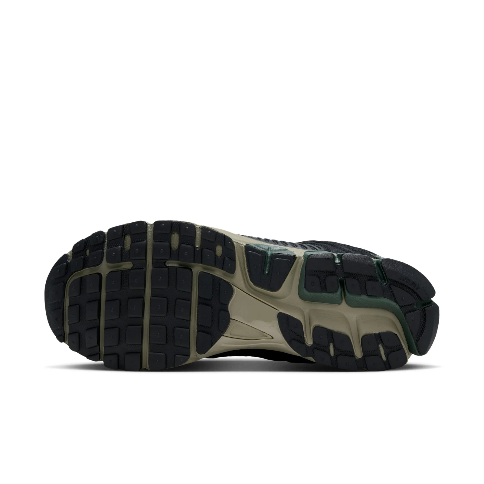 Outsole view with segmented black tread and olive and dark green sections, Camo Green