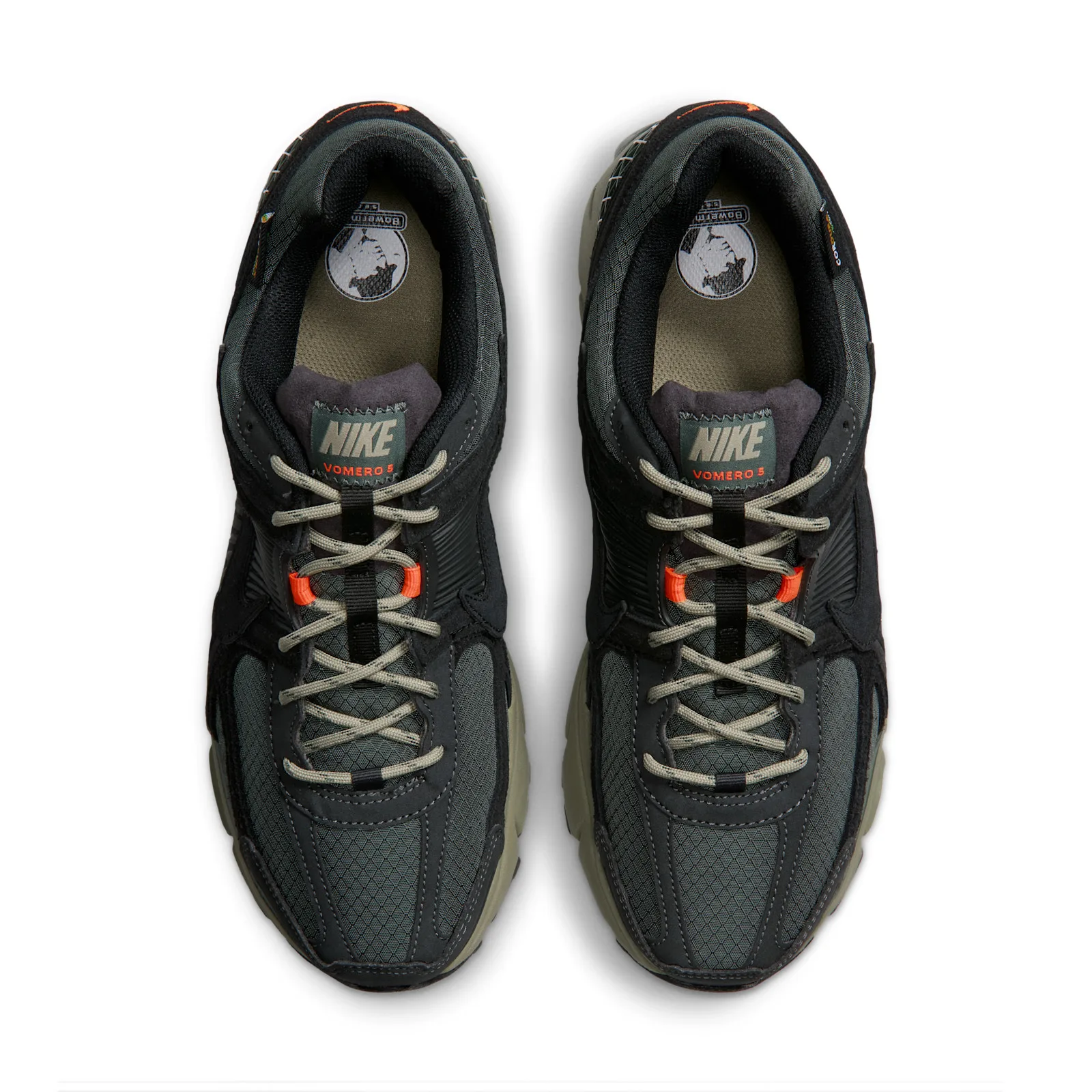 Top-down pair with olive laces, orange loops and Nike Vomero 5 tongue labels, Camo Green