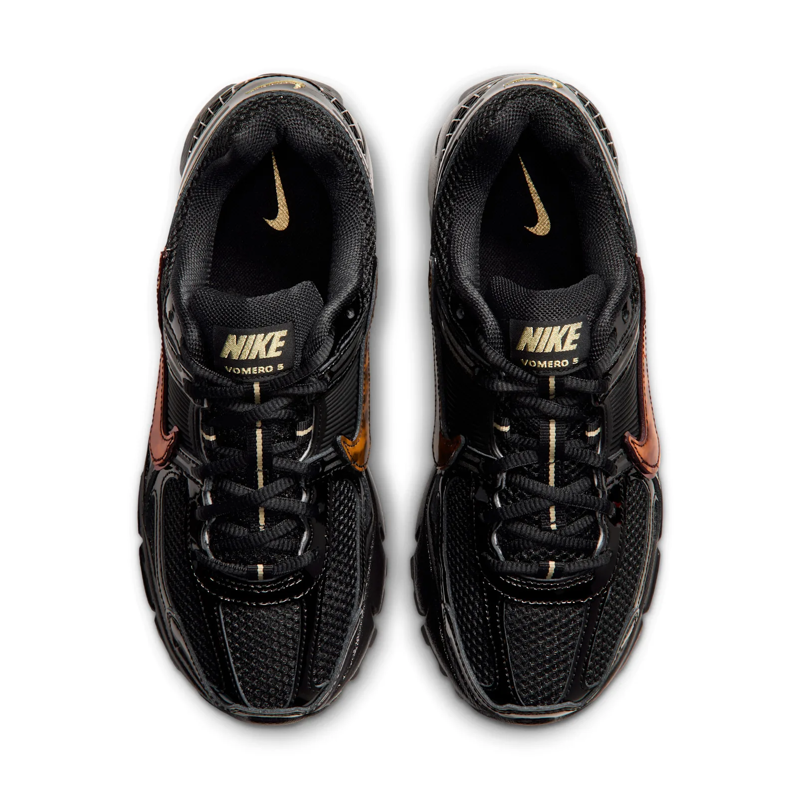Top-down view of pair, gold NIKE VOMERO 5 tongue labels and gold insole swooshes, Tortoise Shell
