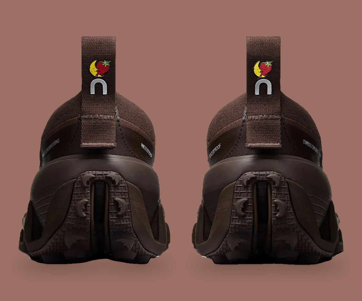 Heel view of brown pair, pull tabs with strawberry-moon logo and On logo, Cloud Low Waterproof