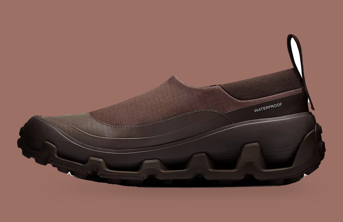 Medial view of brown slip-on with Waterproof text, ripstop upper and heel pull loop, Cloud Low Waterproof
