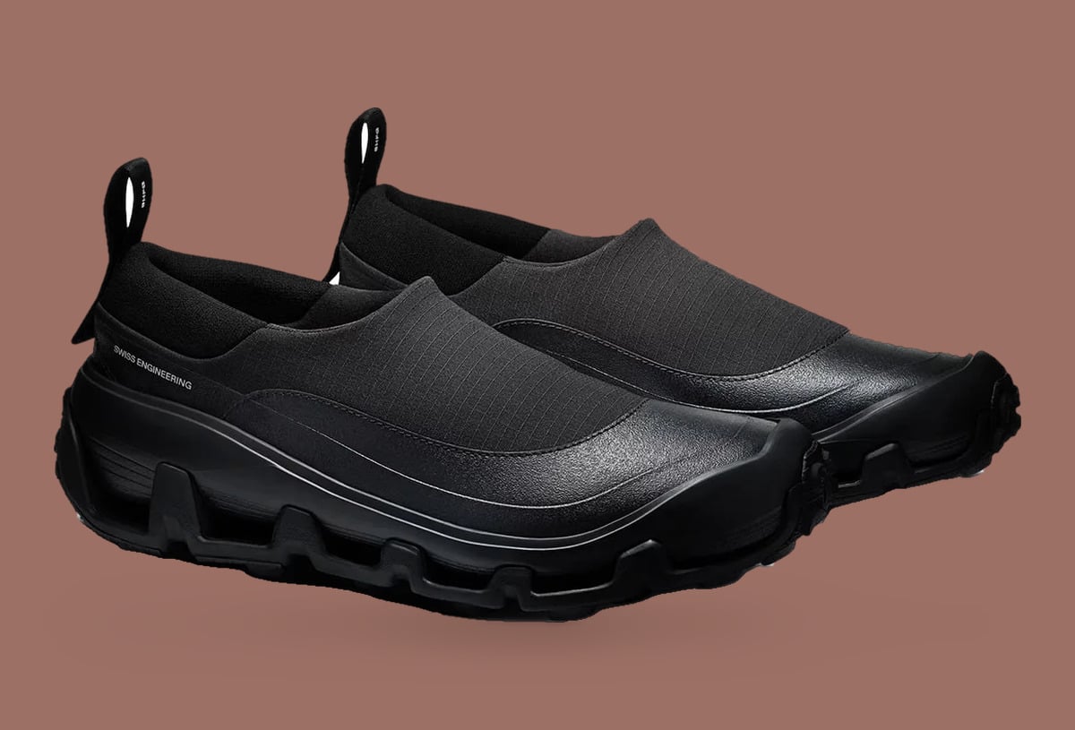 Pair in three-quarter view, all black, ripstop uppers, heel loops and lugged soles, Cloud Low Waterproof