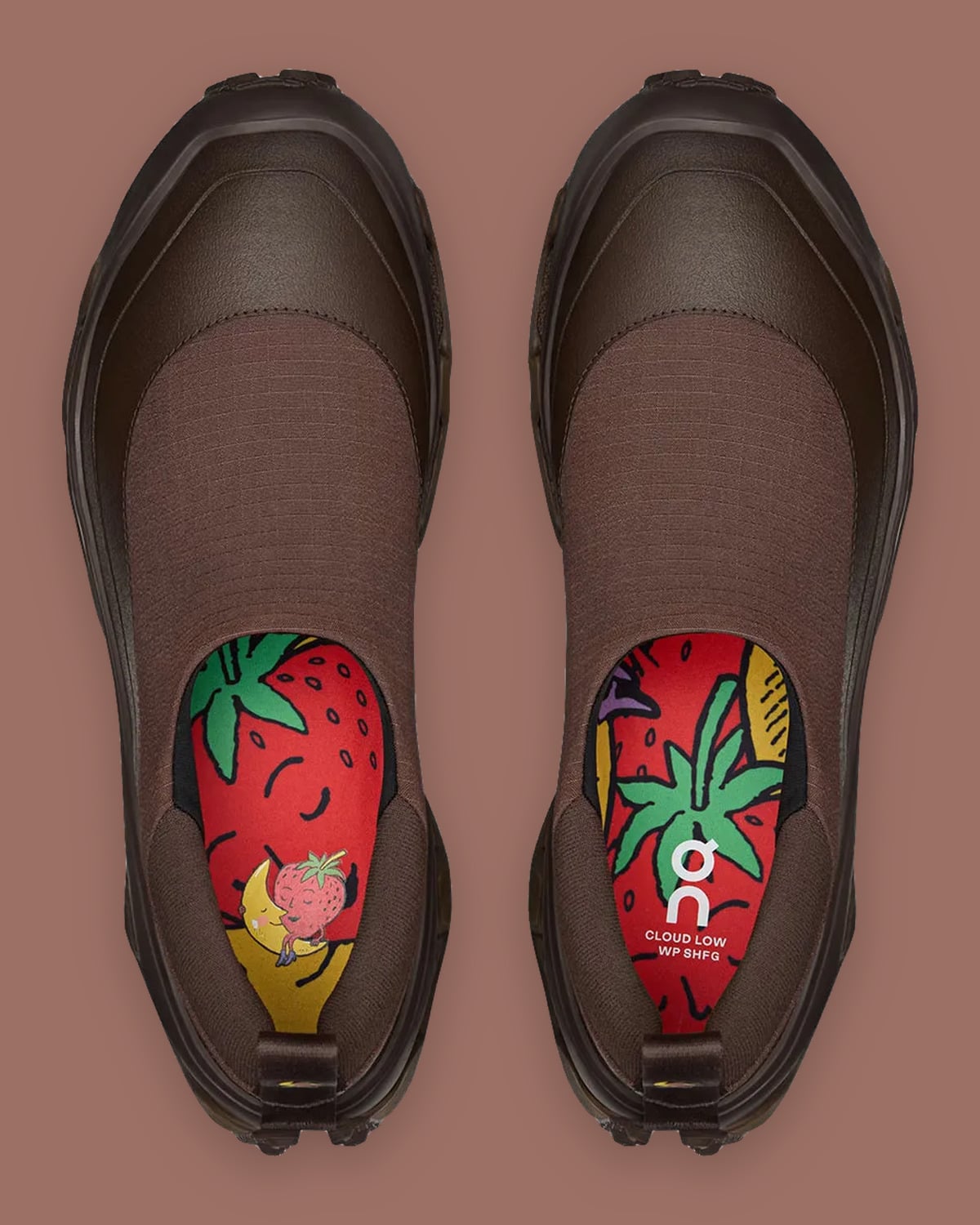 Top-down pair in brown, red strawberry and moon insole art with On logo, Cloud Low Waterproof