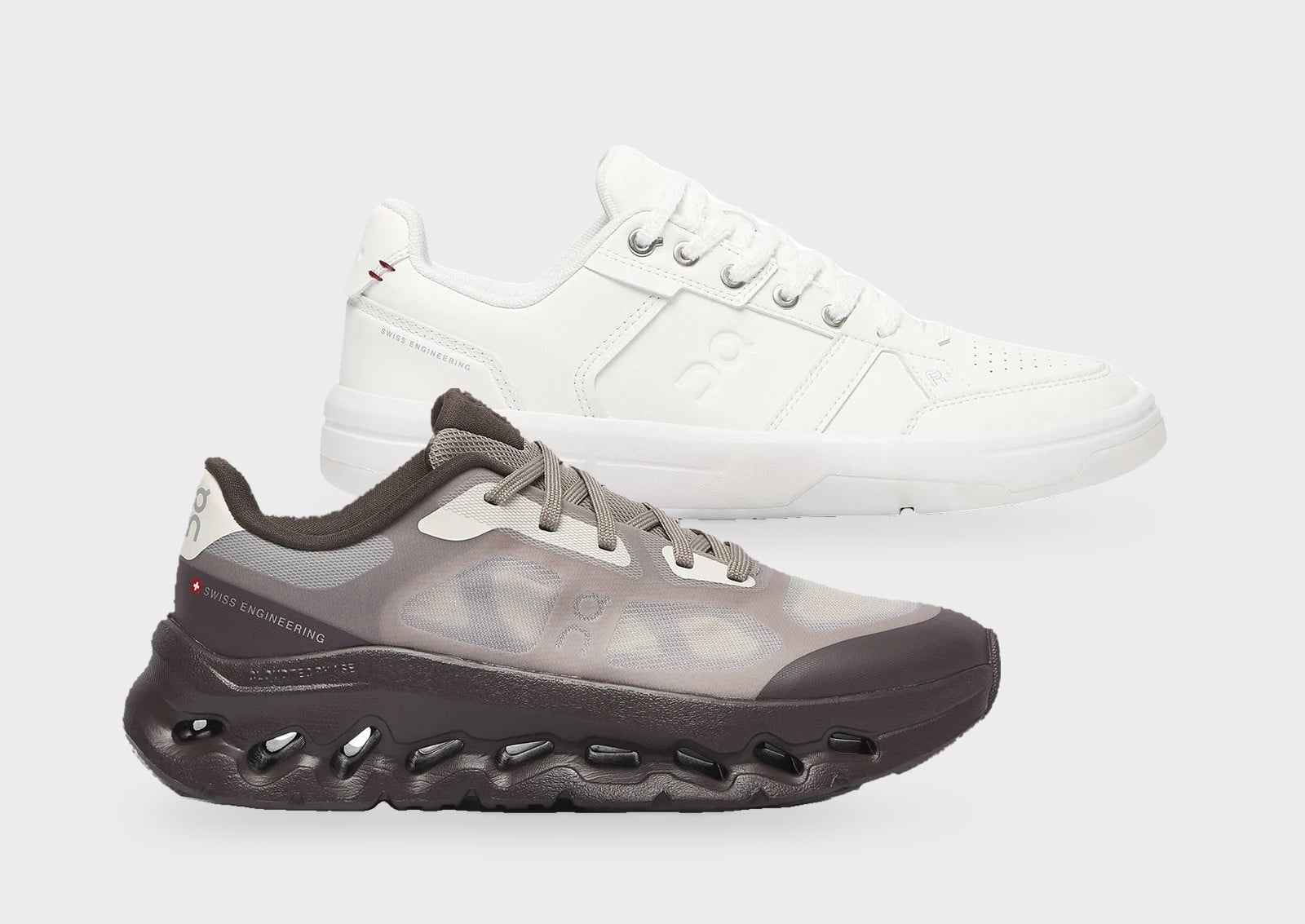 Pair, white leather sneaker above a brown translucent runner with sculpted cutout midsole, On x Burna Boy Collection