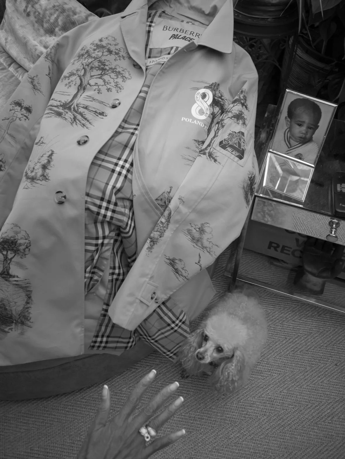 Top-down black and white shot of cream trench with tree illustrations, check lining, poodle and framed photo, x Burberry