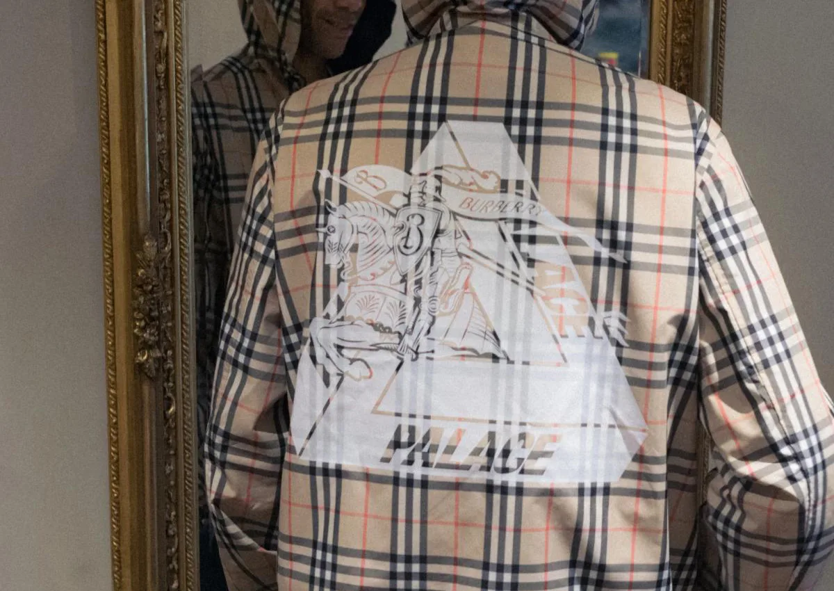 Rear view of hooded check jacket with white Burberry knight and Palace triangle print, gold mirror frame, x Burberry