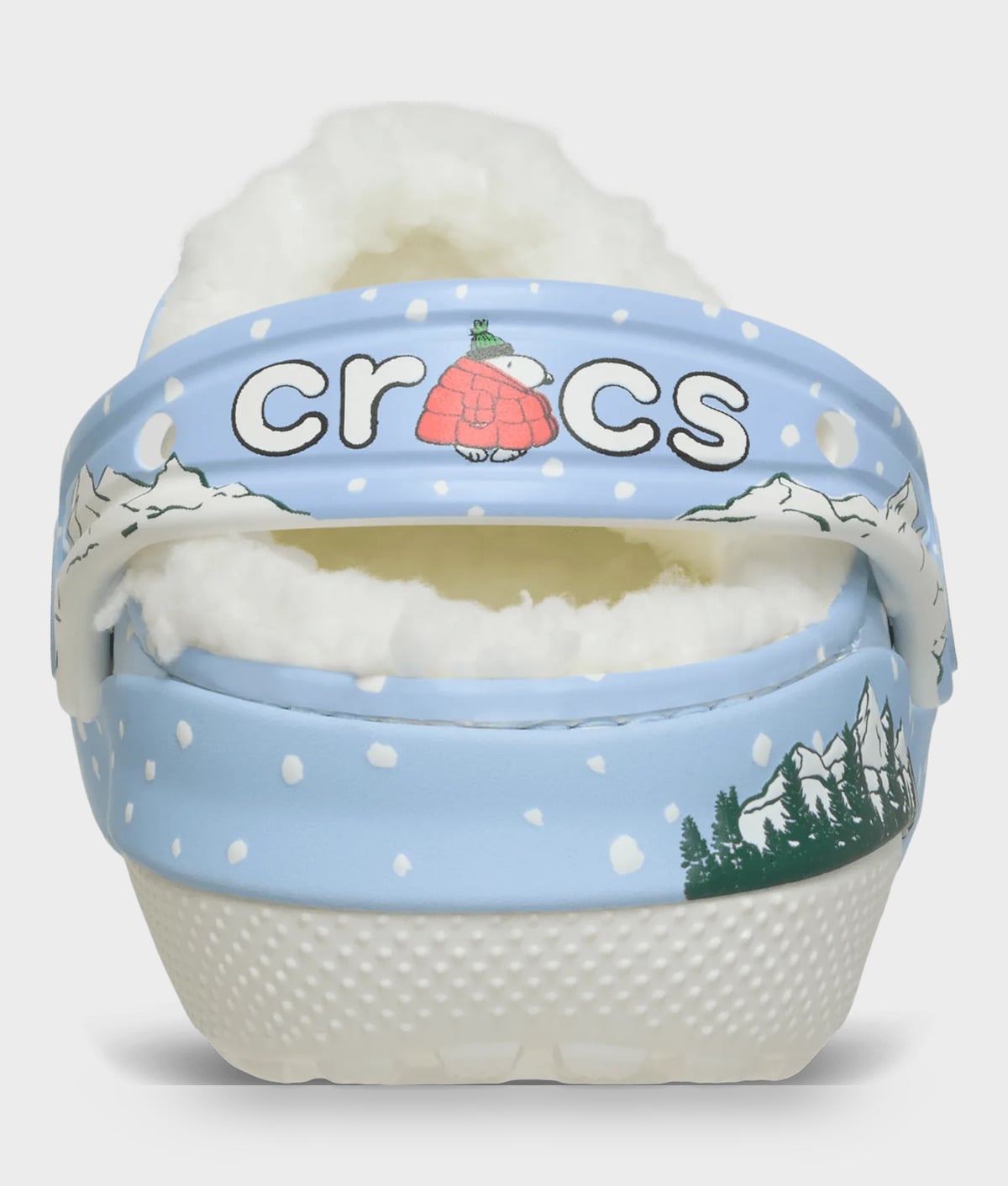 Heel view of light blue clog with crocs strap lettering, red puffer figure, fleece, mountain print, Classic Lined Clog