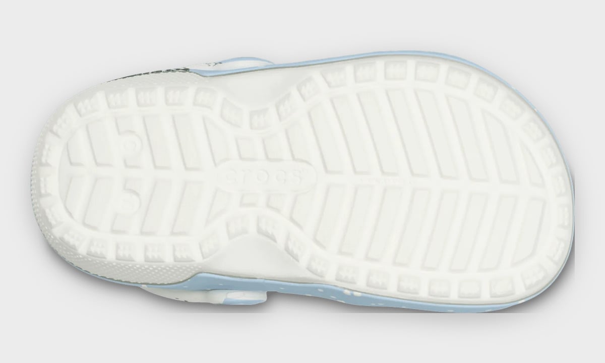 Outsole of white clog with light blue edge, ridged tread and faint crocs logo, Classic Lined Clog