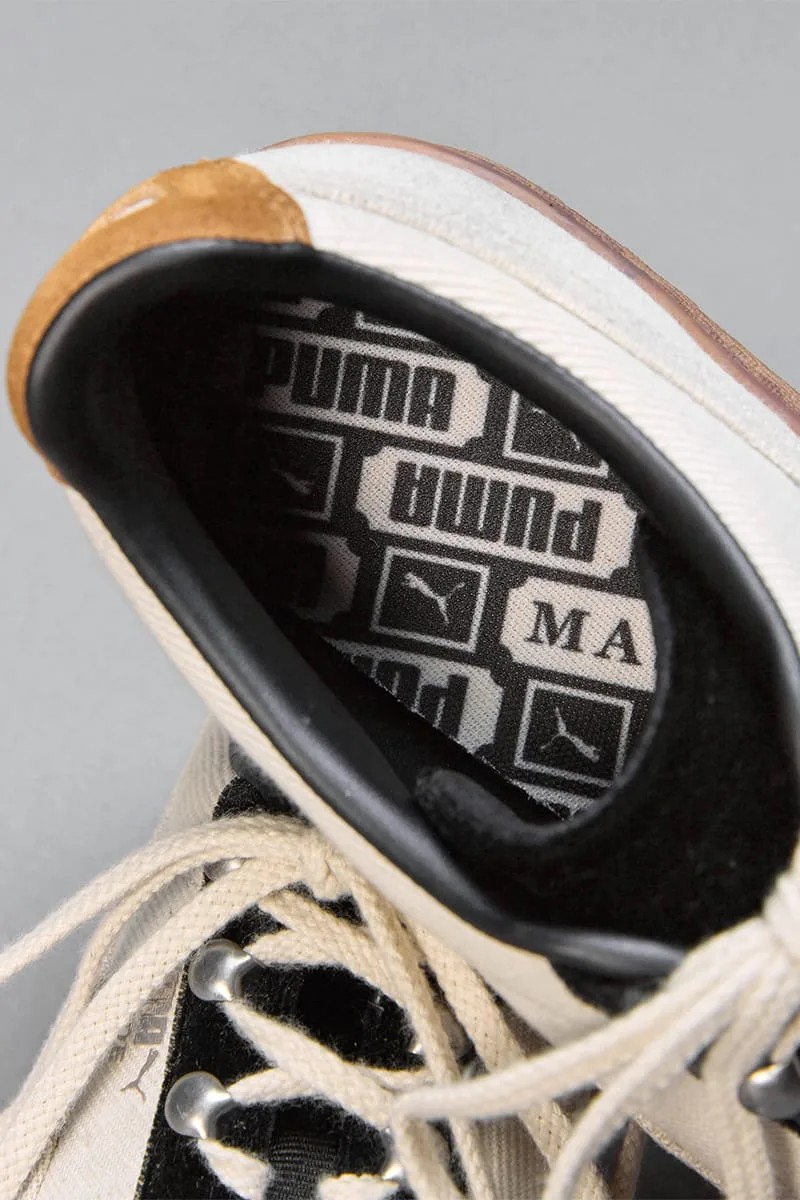 Top-down detail of collar and insole with black and cream PUMA and MASU logo print, IVORYxBLACK