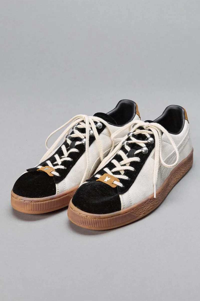 Pair at three-quarter angle, cream twill, black suede toe caps and tongues, gum soles, IVORYxBLACK