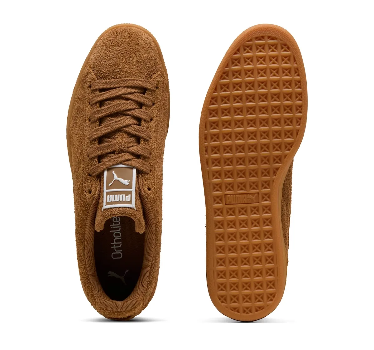 Top-down and outsole views of brown suede with geometric gum tread, Forever