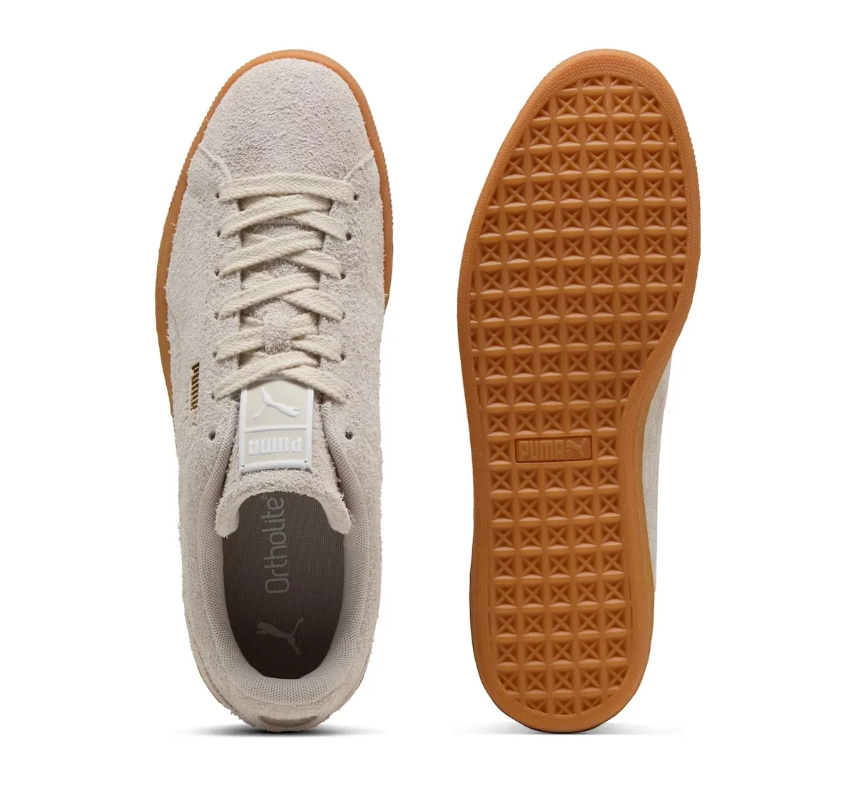 Top-down and outsole views of off-white suede with geometric gum tread, Forever