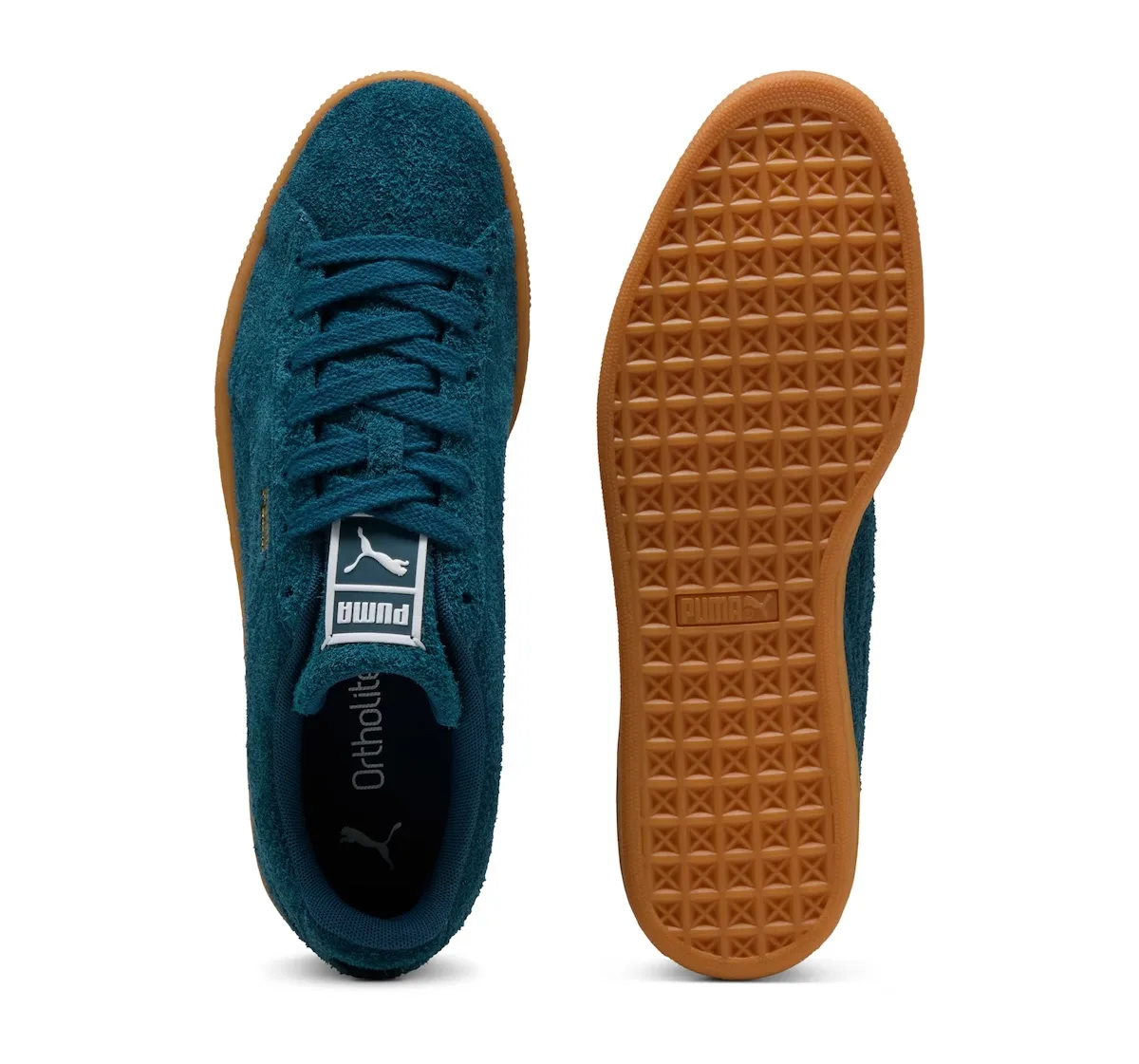 Top-down and outsole views of teal suede with geometric gum tread, Forever