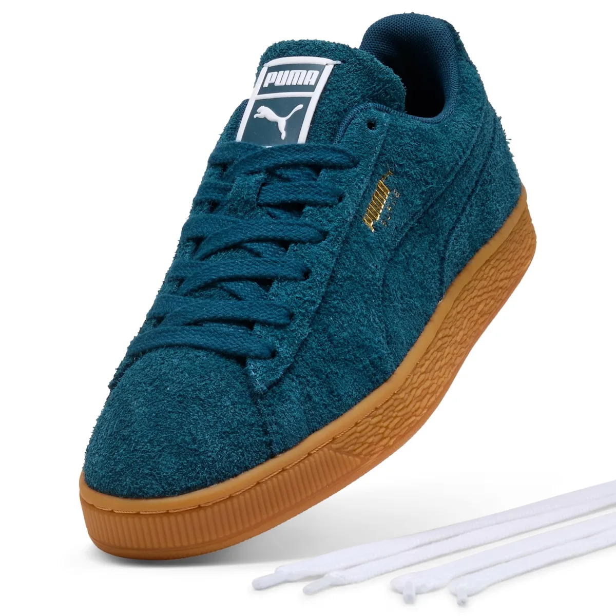 Front three-quarter view of teal suede with a gum sole and spare white laces, Forever