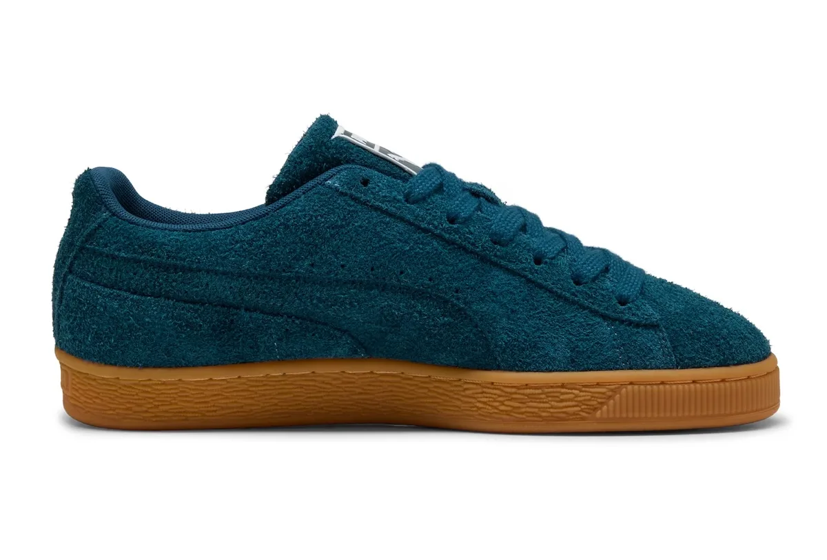 Medial view of teal shaggy suede with a tonal Formstrip and gum sole, Forever