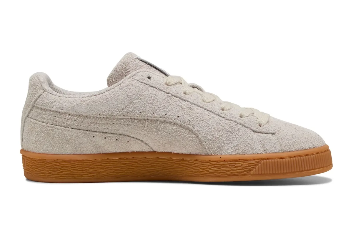Medial view of off-white suede with a tonal Formstrip and gum sole, Forever